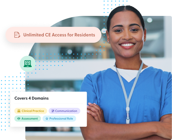 Nurse smiling with floating descriptions and icons
